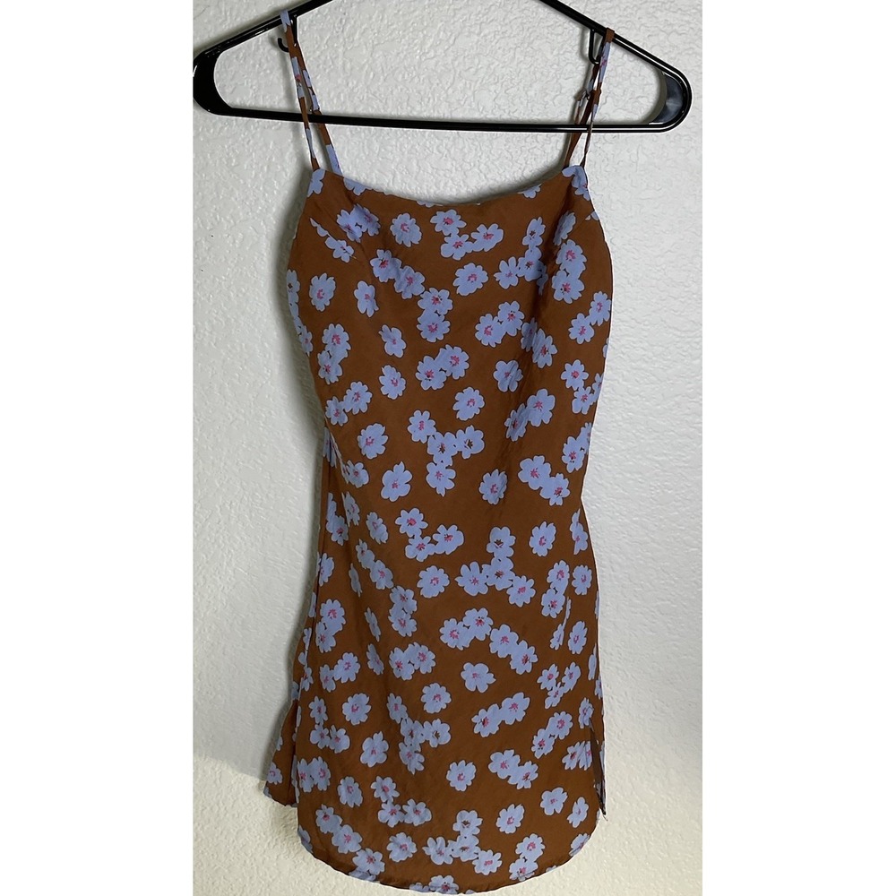 Polly Brown Blue Flowers Mini Dress Sz 0 Square neck Boho Cottage Summer 193